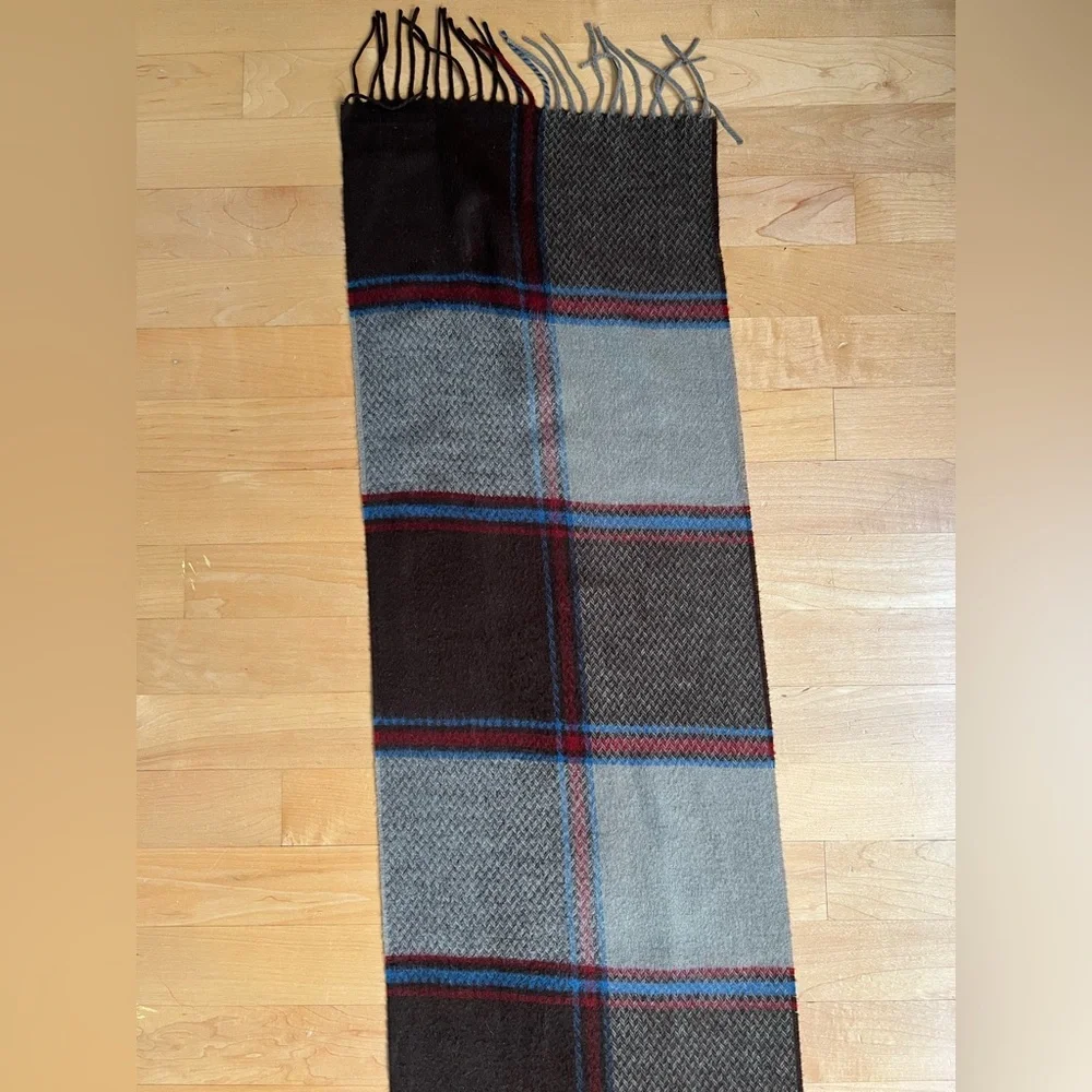 🐑Woodward Plaid Cashmere Wool Fringed Scarf | Taupe Brown Blue + Red